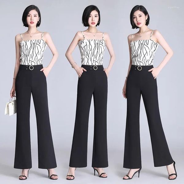 Calças femininas terno preto mulheres micro chifre reto fino elástico cintura larga calça verão feminino gelo seda solta mãe grande tamanho calças