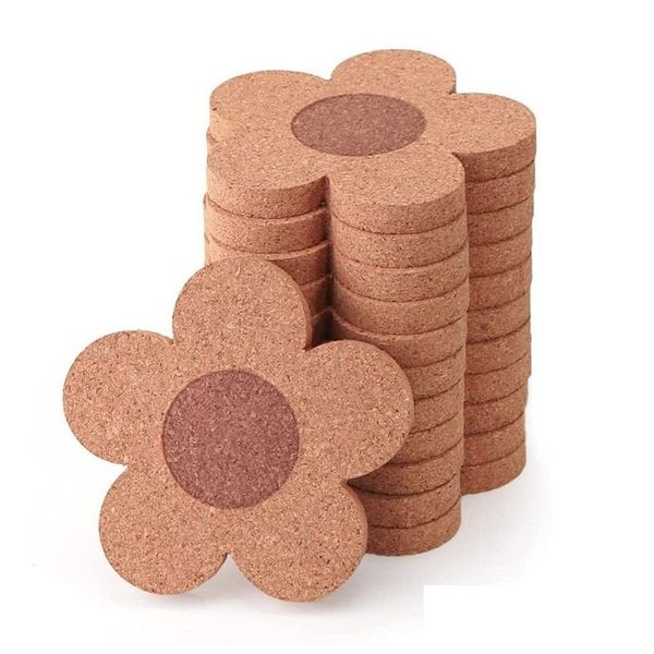 Mats Pads Cork Coasters Bebidas Reutilizáveis Coaster Natural 4 Polegada Flor Forma Madeira para Mesa Mesa de Vidro LX4728 Drop Delivery Home Garden Dhsqg