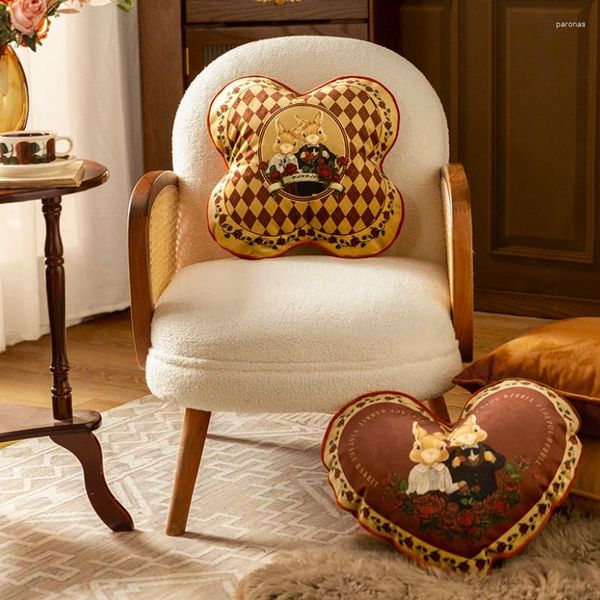 Travesseiro marrom cheque coração estético chique veludo recheado macio para sofá escritório resto lance presente cadeira cama