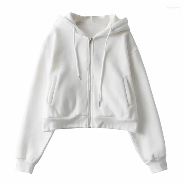 Hoodies femininos outono primavera zip up bolsos fino colheita superior jaqueta feminina roupas cordão branco sexy casacos de algodão com capuz