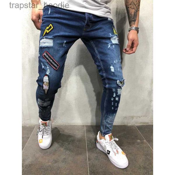 Jeans da uomo 3 stili Jeans da motociclista skinny strappati da uomo Jeans sfilacciati distrutti con stampa ricamo Jeans slim fit Jean X0621 L230918