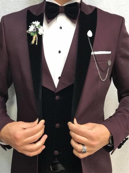 Ternos masculinos (jaqueta calças colete) casaco borgonha 3 peças noivo tuexdos para casamento formal baile terno festa noite blazer feito sob encomenda