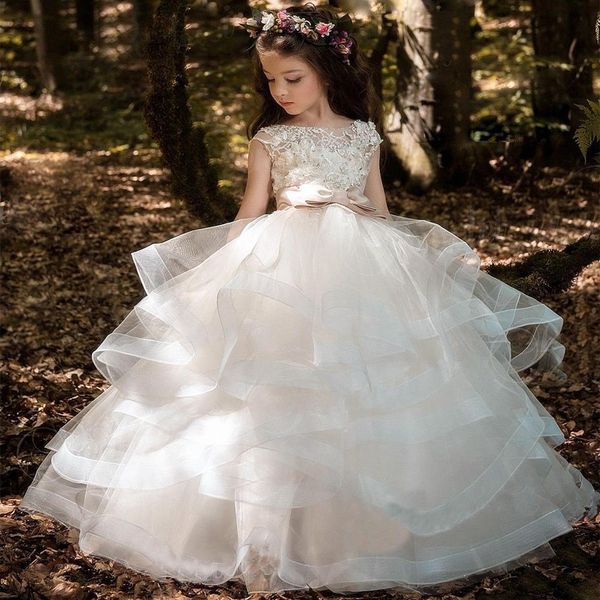 Abiti per ragazze di fiori per matrimoni Sheer Jewel Neck Applique in pizzo Grande fiocco Sweep Train Tulle Compleanno Abiti da spettacolo per bambini206B