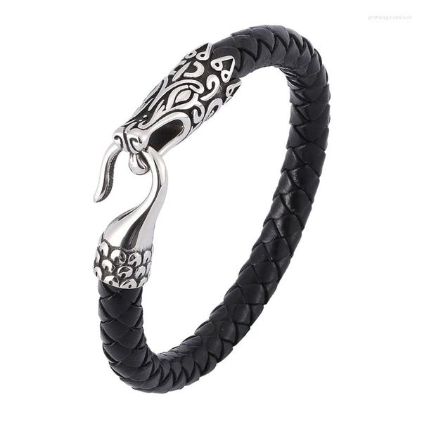 Braccialetti con ciondoli Design Bracciale intrecciato in pelle marrone nero Regalo da uomo S.Steel Chiusura a levetta Animale Gioielli punk Bracciale maschile SP0389