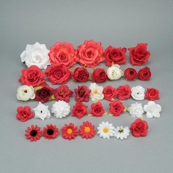 Dekorative Blumen, künstliche Seide, roter Blumenkopf, kombiniert, 36 Stück/Set, weiß, für DIY Corsage, Haarspangen, Haarband, Krone, Dekor, Zubehör, Fake