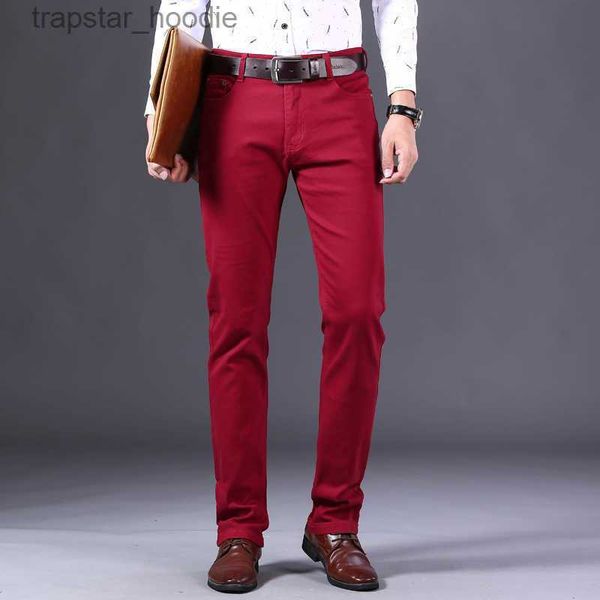 Jeans masculinos estilo clássico vinho vermelho jeans moda negócios casual reto denim estiramento calças masculinas marca x0621 l230918