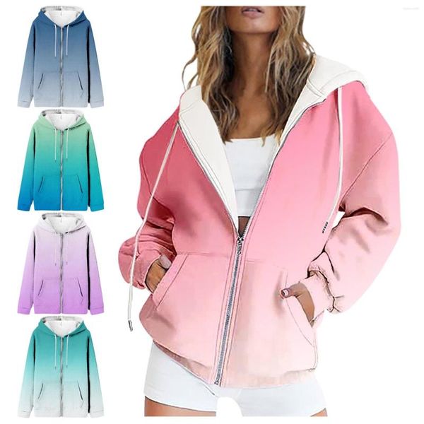 Hoodies femininos para mulheres zip up senhoras em torno do pescoço manga longa gradiente impressão hoodie moda solta superior velo pulôver jaqueta