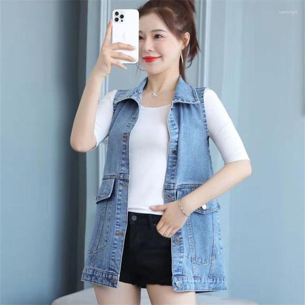 Damenwesten Vintage Denim Weste weiblich 2023 Frühling koreanische Mode Thi ärmellose Jacke Damen mittellange Kleidung lose Weste H2770