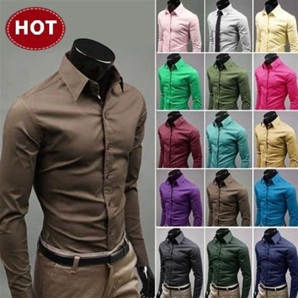 2019 Uomo Slim Fit Scollo unico Abito elegante Manica lunga Camicie casual Camicia da uomo Camisa Camisas Masculina Colletto rovesciato244d