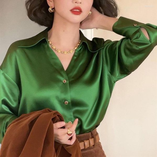Damenblusen Feiernan Satin Seide Vintage Bluse Weibliche Elegante Button Up Shirt Frauen Koreanischen Stil 2023 Mode Retro Luxus Langarm