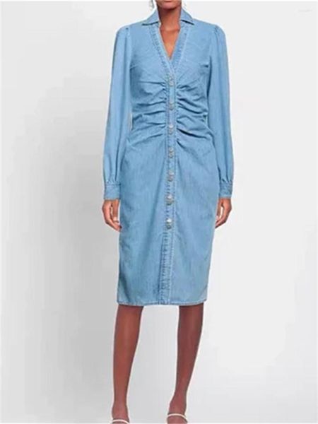 Casual Kleider Frauen Drehen Unten Kragen Langarm Denim Kleid Herbst 2023 Damen Schlank Plissee Einreiher Einfarbig Mittellange Robe