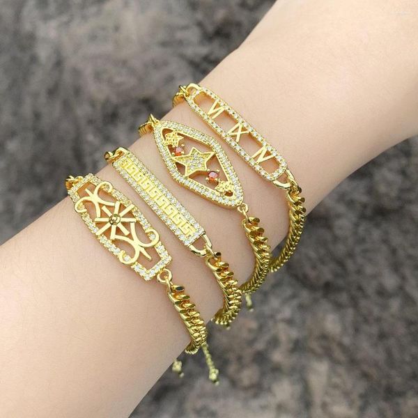 Charme Armbänder Kupfer CZ Kristall Geometrische Römische Ziffern Für Frauen Vergoldet Kubanische Kette Statement Schmuck Geschenke Brtk45