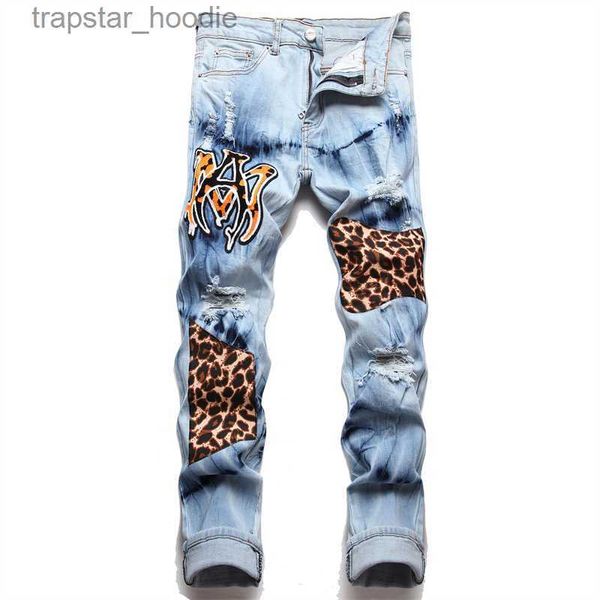 Herren Jeans Herren Jeans Europäischen Jean Hombre Männer Leopard Patch Zerrissene Für Trend Marke Motorrad Hose Mens Skinny 3317 L230918