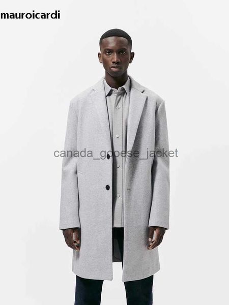 Misto lana da donna Mauroicardi Autunno Inverno Caldo morbido grigio chiaro Cappotto di lana da uomo con spacco sul retro Cappotto monopetto di lusso in misto lana 2023L230918