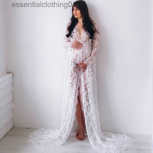 Grundlegende Freizeitkleider Spitzennähte Sexy Fotokleid Schwangere Frau Sexy Vordergabel Ausgefallene Schwangerschaftskleider für Babypartys Kleid Fotografie Requisiten L230918