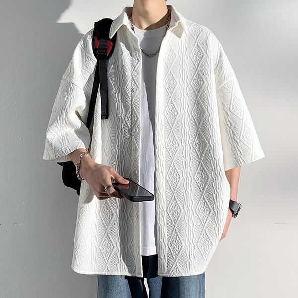 Camisas casuais masculinas -Juventude Vintage Button Up Cargo Desginer Moda Coreana Japonês Streetwear Listrado