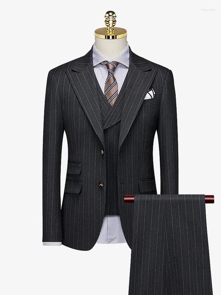 Ternos masculinos listrado cinza profundo conjunto estilo inglaterra fino ajuste casamento noivo usar blazer colete calça empresário casual roupas diárias 4xl
