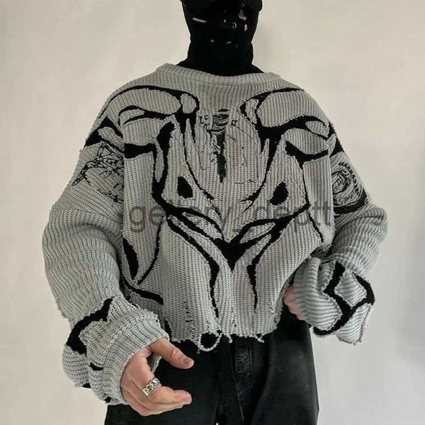 Suéteres masculinos 2023 Vila Ecológica Preto Branco Pulôveres Y2k Roupas Suéteres Destruídos Rasgados Suéter Feminino Harajuku Hole Sweater J230918