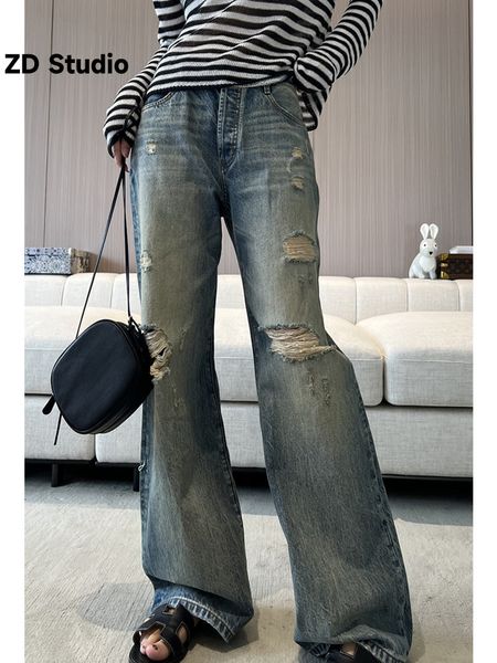 Мужские джинсы ZD Studio Vintage Made Old Ripped Floor Drag Прямые брюки Тонкие брюки длиной повседневные весна-осень 2023 230918