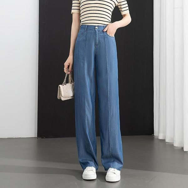 Jeans da donna Gamba larga Lyocell Pantaloni a gamba dritta Pantaloni sottili lavabili 2023 Pantaloni slim a vita alta Abiti larghi Luce blu