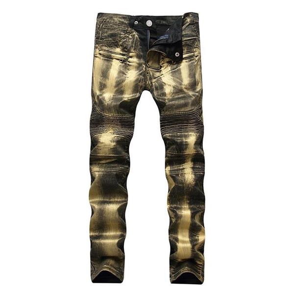 Mcikkny jeans plissado masculino motocicleta ouro prata pintado impresso motociclista jeans reto magro calças jeans tamanho 28-42275d