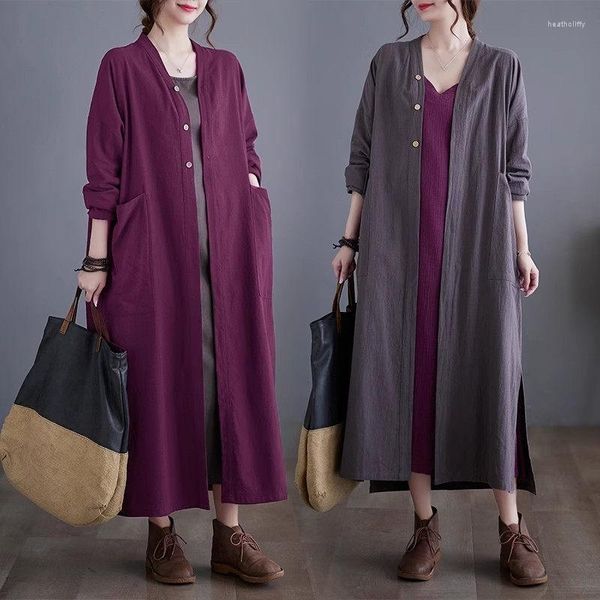 Casacos de trincheira femininos 2023 outono arte retro algodão camisas de linho para mulheres casual blusão solto cardigan simples casaco robe tops z2857