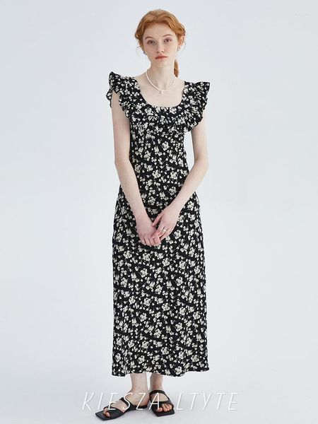 Lässige Kleider 2023 Vintage Französisches Blumen-Maxikleid mit stilvollem Design und Taillenbindung für Frauen Rüschen Sexy Boho Rüschen Y2k Neckholder