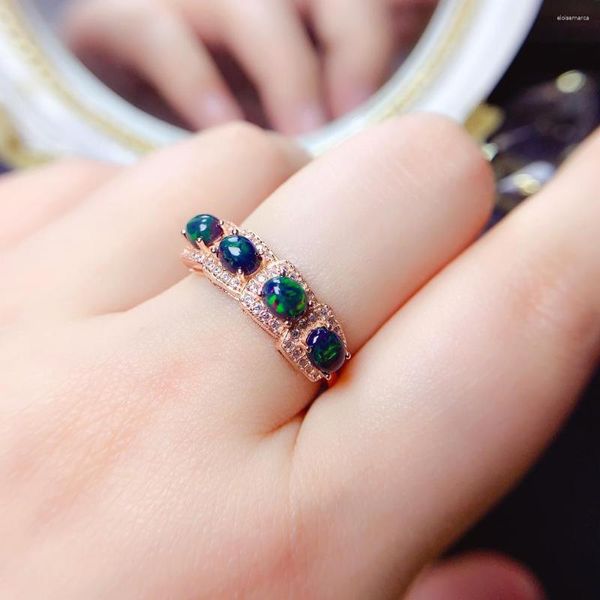 Cluster-Ringe, natürlicher schwarzer Opal-Ring, 925er Silber, zertifiziert, 4 x 5 mm, Burst Flash-Edelstein, Weihnachtsgeschenk für Mädchen, kostenloses Produkt