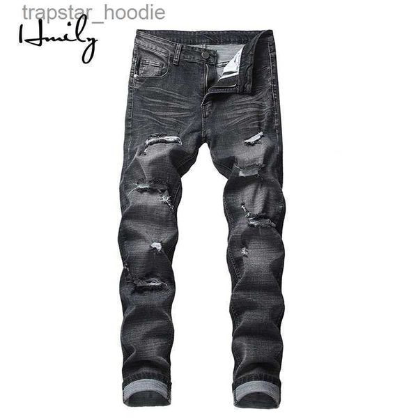 Jeans da uomo HMILY Jeans skinny da uomo Uomo Slim Fit Hole Biker Strappato Denim Hip Hop Moto Rock Rap Jeans Big Size 42 Pantaloni X0621 L230918