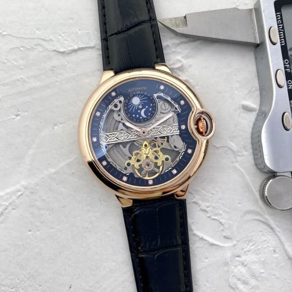 Orologio da uomo tourbillon in acciaio inossidabile Due punti 46mm Marchio di lusso Orologi meccanici automatici Cinturino in pelle CART Fasi lunari di moda