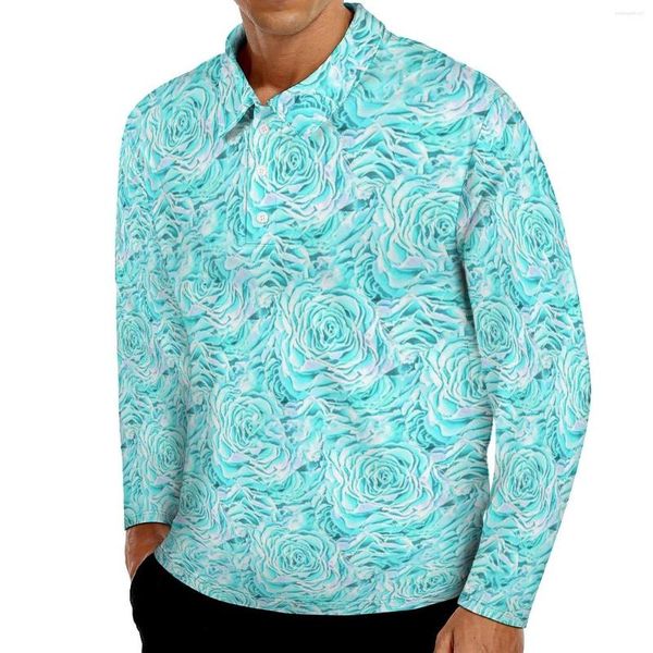Herren Polos Aqua Roses Poloshirt Mann Abstrakter Blumendruck Lässige Herbst Streetwear Kragen Langarm Design Übergroße T-Shirts