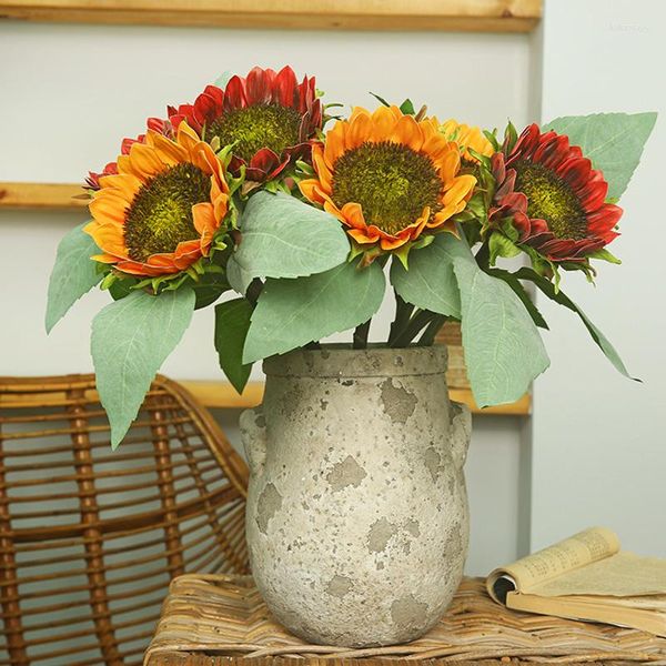 Dekorative Blumen, 12 cm, großer Kopf, künstliche Sonnenblume, Seide, Hochzeit, Garten, Heimdekoration, kurzer Zweig, Fake