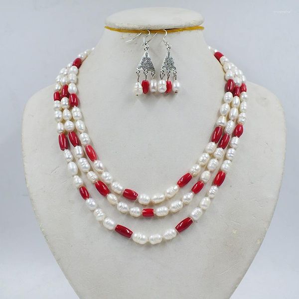 Set di orecchini e collana a 3 file da 7-8 mm, perle bianche coltivate naturali/corallo, gioielli da sposa per donne europee