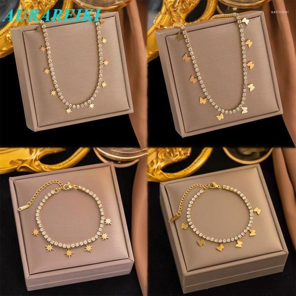 Colar brincos conjunto moda jóias finas 316l aço inoxidável incorporar completo zircão borboletas estrelas charme corrente gargantilha colares pulseira para