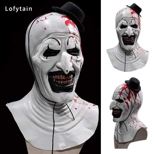 Аксессуары для костюмов Маски для вечеринок Lofytain Horror Terrifier Art Маска клоуна Косплей Жуткий Кровавый Демон Злая Шляпа Джокера Латексный Шлем Реквизит для Хэллоуина 230824 L2