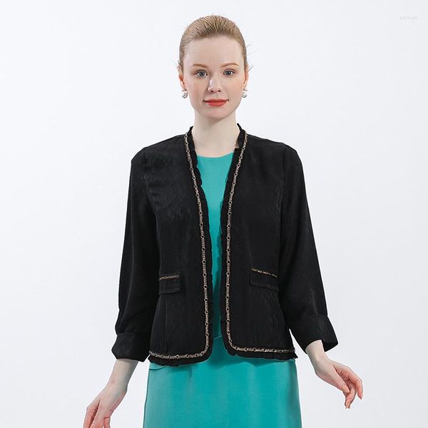 Jaquetas femininas preto jacquard seda guarnição ouro corrente enrolada renda três quartos manga jaqueta ws513 casaco feminino