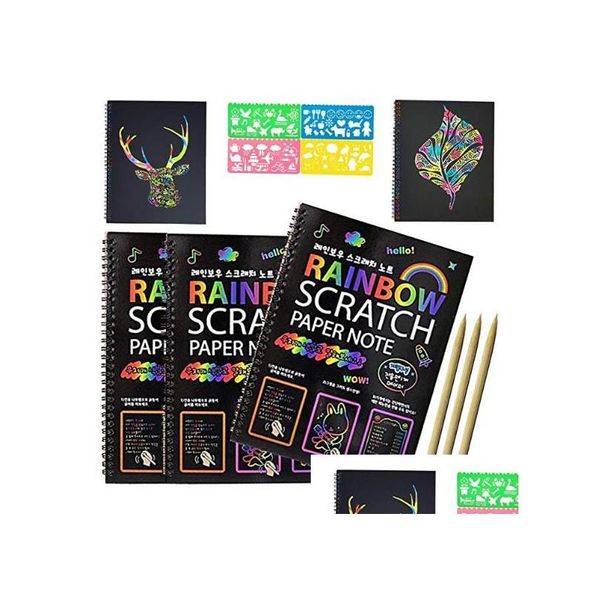 Бумажная продукция Оптовая продажа Magic Scratch Art Book Радужный блокнот с деревянным стилусом Детские доски для заметок Рождественская вечеринка День рождения Игра Gi Dhgje