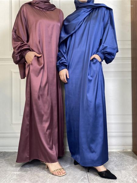 Roupas étnicas Cetim Hoody Abaya Dubai Costurado Cachecol Oração Vestido Muçulmano Mulheres Soltas Jilbab Turquia Vestidos Islam Kaftan Robe Djellaba 2023