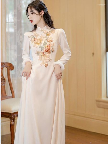 Casual Kleider Herbst Kleidung Hohe Qualität Stickerei Für Frauen Langarm Stehkragen Aprikose Vintage Qipao Vestido Elegante Mode