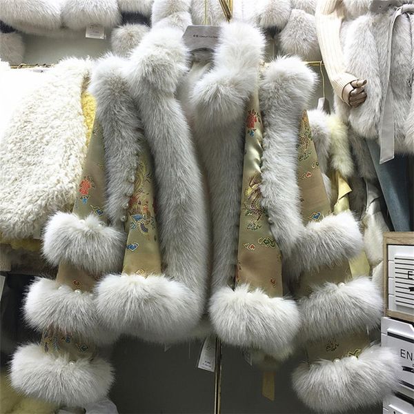 Новый дизайн, женское короткое пальто из искусственного меха лисы в китайском стиле, королевская атласная ткань с вышивкой и цветочной вышивкой, casacos261N