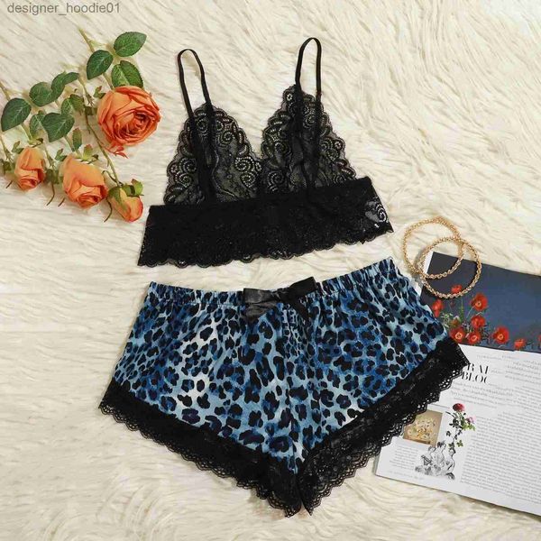 Sexy Set Cetim Pijama Sexy Lace Pijama Nightie Pijamas Casa Roupas Tops e Shorts Mulheres Pijamas De Seda Leopard Pijama Set Mulheres Q0706 L230918