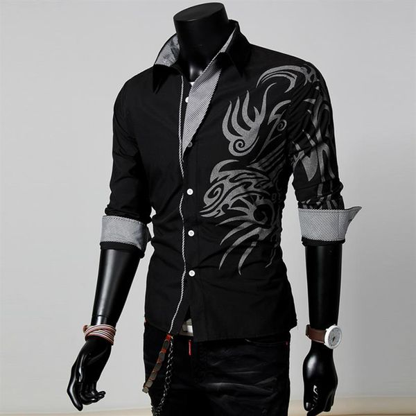 Camisa con estampado de dragón y tatuaje de estilo europeo de manga larga a la moda para hombre, camisa ajustada ajustada, 4 colores 285u
