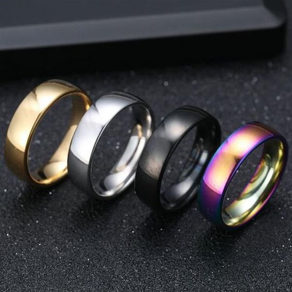 Lotti sfusi 100 pezzi Mix lotto ORO ARGENTO NERO ARCOBALENO 6mm Anelli nuziali in acciaio inossidabile Anelli di fidanzamento a fascia semplice unisex 272d