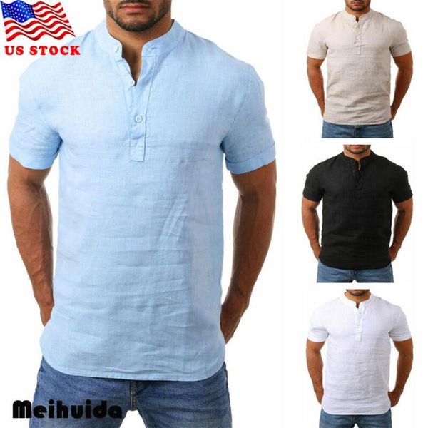 Мужские повседневные рубашки, приталенные футболки с v-образным вырезом и короткими рукавами, топы, мужской топ, хлопково-льняная однотонная одежда 224R
