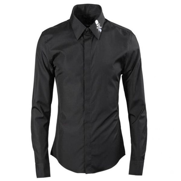 Camisas masculinas luxo crânio bordado vestido de manga longa plus size 4xl moda casual algodão homem masculino 256h