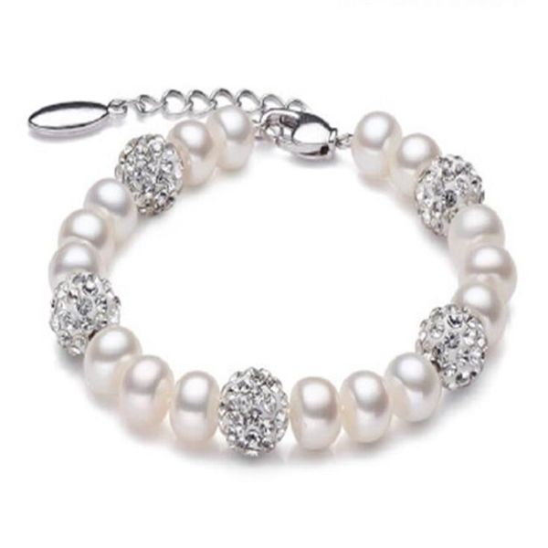 Vero e proprio bellissimo braccialetto di perle d'acqua dolce da donna, braccialetto di perle bianche coltivate da sposa, gioielli in argento 925, regalo di compleanno per ragazza GB773303H