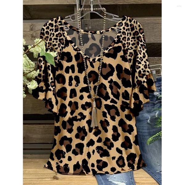 Magliette da donna top da donna con pannello stampa leopardo a v-torta top-shirt a mezza manica