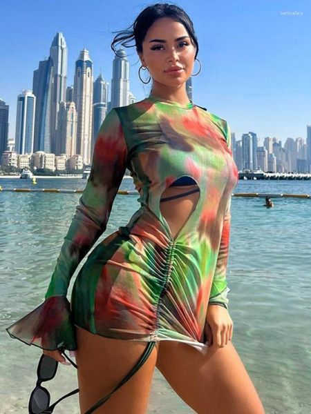 Casual Kleider Herbst Für Frauen Kordelzug Lange ärmeln Vestidos De Mujer Gedruckt Kleidung Sexy Hohl Tie-dye Ausgestellte hülse Kurzen Rock