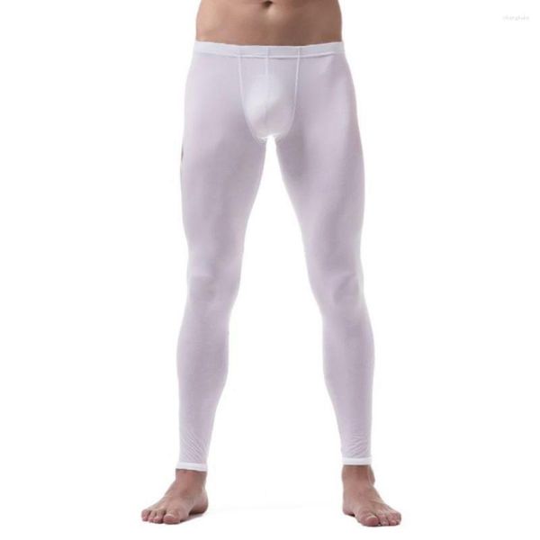 Roupa interior térmica masculina de seda gelo longo johns calças elásticas finas pijamas translúcidos calças de outono