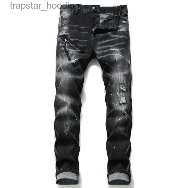 Jeans da uomo Unique Mens Distressed Badge Jeans skinny neri Stilista Slim Fit Lavato Pantaloni da moto in denim con pannelli Pantaloni da motociclista Hip Hop 1057 L230918